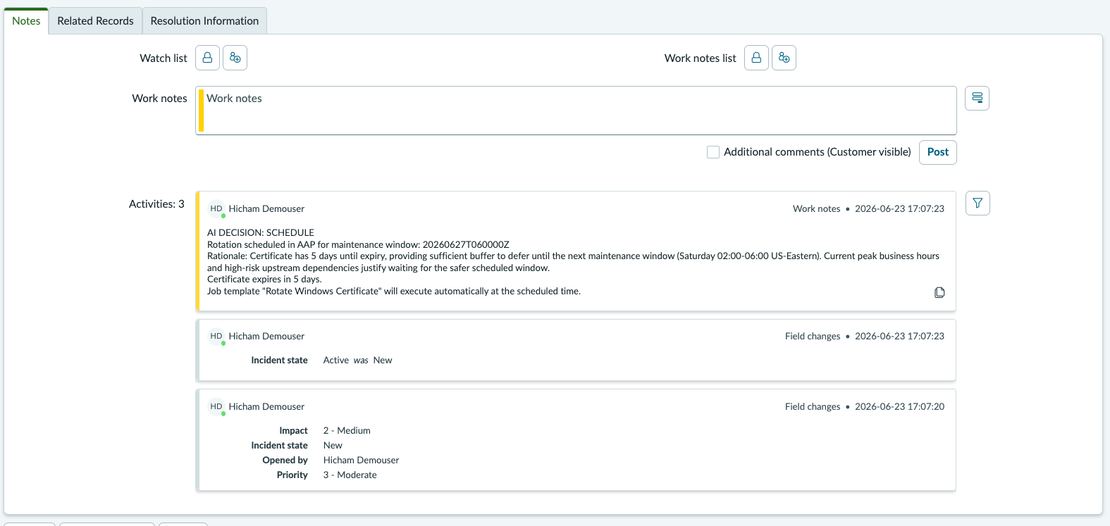 ITSM incident with schedule details