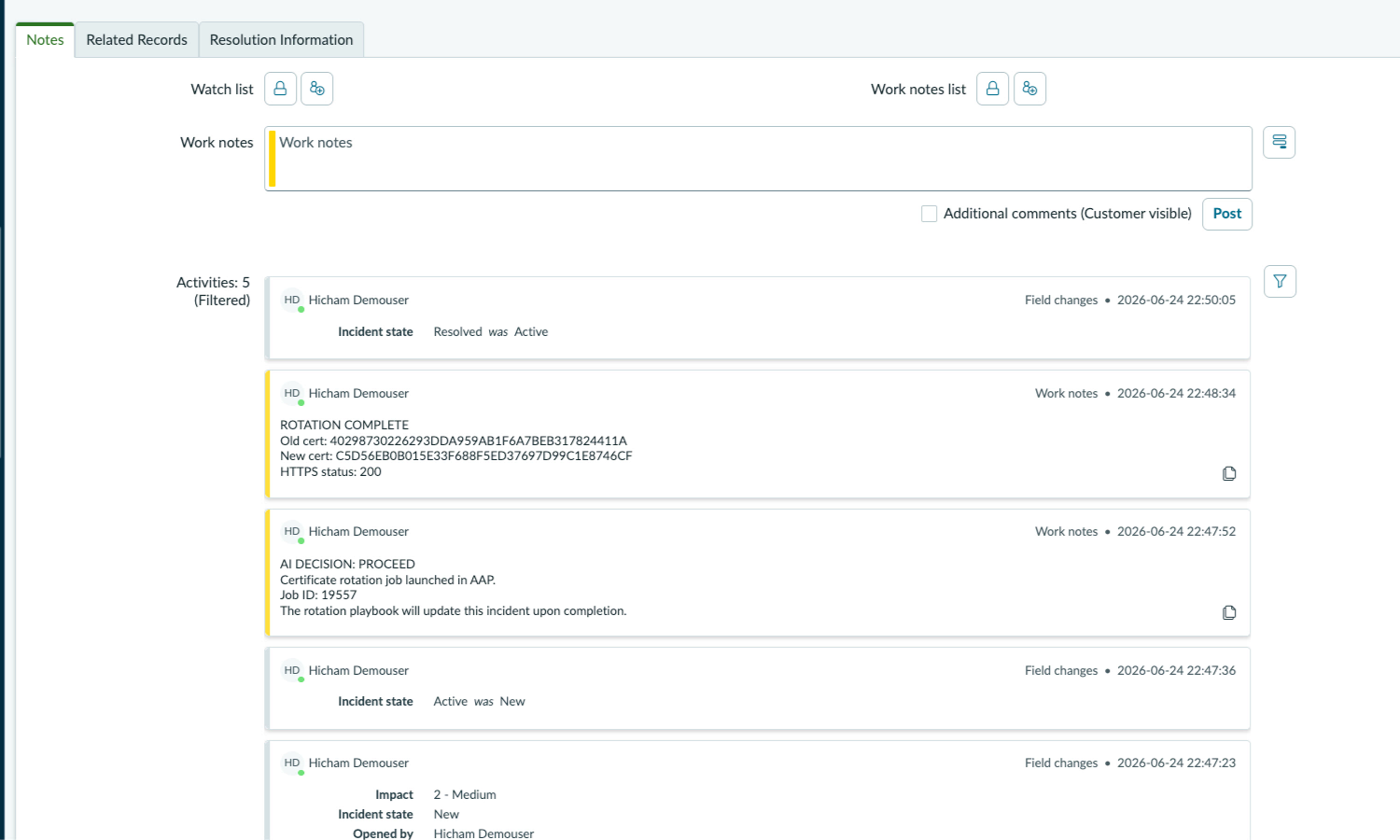 Resolved ITSM incident